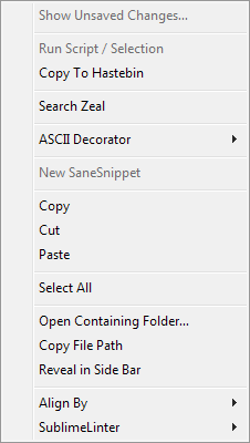 A modified context menu in the editing area.